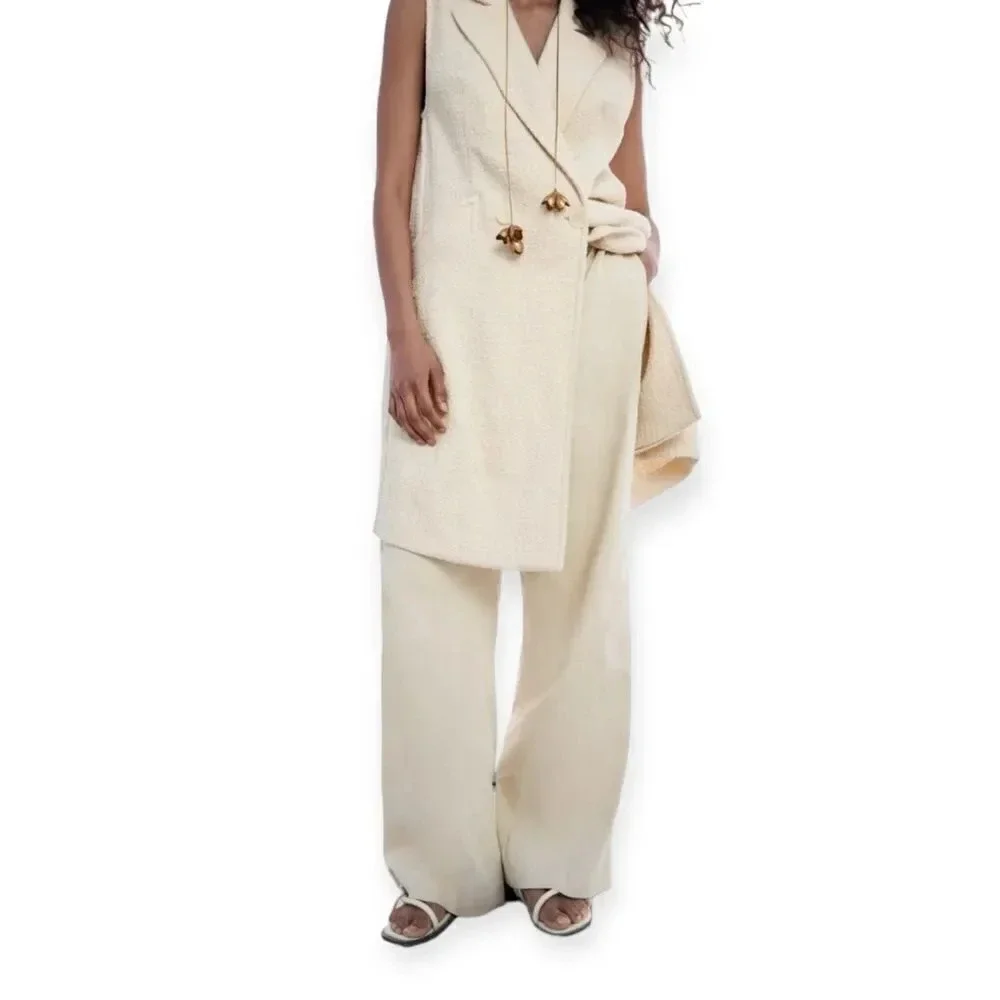 ZARA Beige Linen Blend Wide Leg Trousers NWT Size S